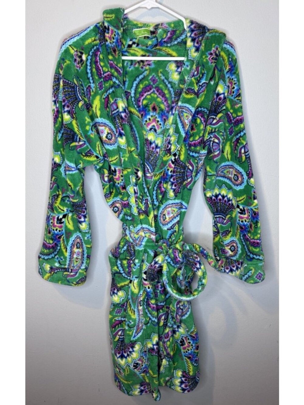 Vera Bradley Hooded Robe Small/Medium Green Plush Comfy Paisley Print